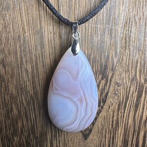 White Banded Agate Teardrop Pendant Necklace on Black Satin Rope